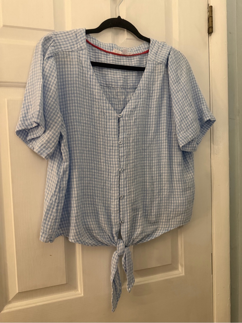 Jane + Delancey Large Blue Gingham Button Front Tie Hem Blouse